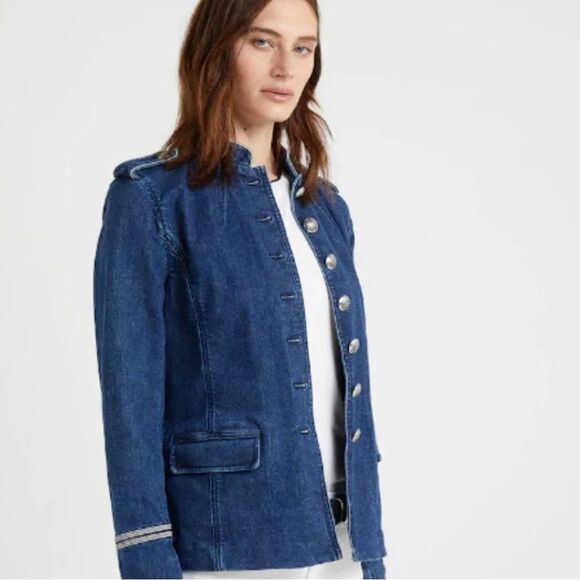 Lauren Ralph Lauren Denim Military Jacket Silver Metallic - Picture 7 of 9